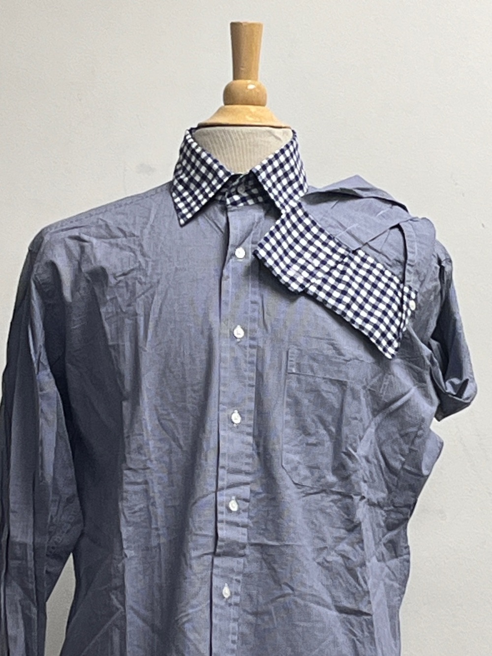 TIMOTHY EVEREST LONDON shirt blue cotton gingham check plaid contrast cuff L 16
